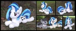 Size: 4237x1754 | Tagged: safe, artist:peruserofpieces, dj pon-3, octavia melody, vinyl scratch, earth pony, pony, unicorn, g4, beanie (plushie), determined, female, from behind, front view, horn, implied lesbian, implied scratchtavia, implied shipping, irl, looking at each other, lying down, mare, photo, plushie, profile, prone, smiling, smirk, sploot, toy