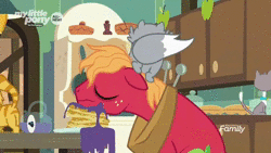 Size: 640x360 | Tagged: safe, edit, edited screencap, screencap, sound edit, big macintosh, cat, earth pony, pony, g4, going to seed, season 9, animated, bags under eyes, cats doing cat things, floppy ears, goldie delicious' cats, kitchen, male, meme, sleep deprivation, solo, sound, stallion, the eric andre show, we'll be right back, webm