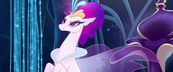 Size: 1920x804 | Tagged: safe, screencap, queen novo, seapony (g4), g4, my little pony: the movie, angry, bubble, caption, clothes, collar, colored pupils, cropped, crown, dorsal fin, eyelashes, eyeshadow, female, fin, fin wings, fins, glowing, jewelry, makeup, ocean, open mouth, purple eyes, regalia, sassy, seaquestria, see-through, solo, swimming, text, throne, throne room, unamused, underwater, upset, water, wings