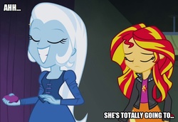 Size: 727x500 | Tagged: safe, edit, edited screencap, screencap, sunset shimmer, trixie, equestria girls, g4, rainbow rocks, battle of the bands, caption, image macro, text