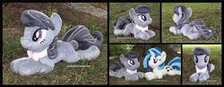 Size: 1425x561 | Tagged: safe, artist:peruserofpieces, dj pon-3, octavia melody, vinyl scratch, earth pony, pony, unicorn, g4, duo, female, from behind, front view, grass, happy, horn, implied lesbian, implied scratchtavia, implied shipping, irl, lying down, mare, multiple views, outdoors, photo, plushie, profile, prone, smiling, smug, sploot, toy