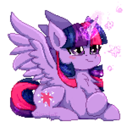 Size: 1500x1500 | Tagged: safe, artist:sinrinf, twilight sparkle, alicorn, pony, g4, chest fluff, female, horn, magic, pixel art, simple background, solo, sparkles, transparent background, twilight sparkle (alicorn), wings