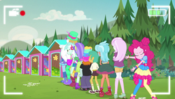 Size: 1920x1080 | Tagged: safe, screencap, aqua blossom, bulk biceps, fleur-de-lis, frosty orange, lyra heartstrings, pinkie pie, snails, snips, trixie, equestria girls, five lines you need to stand in, g4, my little pony equestria girls: better together, background human, bathroom line, clothes, converse, covering crotch, desperation, female, fetish fuel, hat, male, need to pee, omorashi, outhouse, pants, pantyhose, potty dance, potty emergency, potty time, shoes, shorts, skirt, sneakers