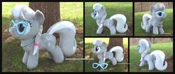 Size: 4140x1754 | Tagged: safe, artist:peruserofpieces, silver spoon, earth pony, pony, g4, accessory, braid, female, filly, from behind, front view, glasses, hairclip, irl, jewelry, necklace, pearl necklace, photo, plushie, ponytail, profile, solo, toy