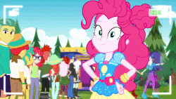 Size: 800x450 | Tagged: safe, screencap, alizarin bubblegum, applejack, crimson napalm, drama letter, flash sentry, guy grove, hunter hedge, photo finish, pinkie pie, rarity, raspberry lilac, snails, watermelody, equestria girls, five lines you need to stand in, g4, my little pony equestria girls: better together, animated, arm around neck, arm on shoulder, cellphone, chips, food, geode of sugar bombs, grabbing, green face, grossed out, magical geodes, nachos, nauseous, phone, smiling, taking a photo, toppings, watermelon