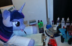 Size: 2000x1268 | Tagged: safe, artist:neysanight, artist:top plush, queen chrysalis, twilight sparkle, alicorn, changeling, changeling queen, pony, g4, beaker, chibi, clipboard, clothes, egghead, erlenmeyer flask, female, flask, irl, lab coat, laboratory, notes, pen in mouth, petri dish, photo, plushie, scale, science, twilight sparkle (alicorn)