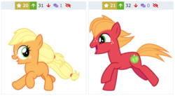 Size: 962x528 | Tagged: safe, artist:cheezedoodle96, applejack, big macintosh, derpibooru, g4, going to seed, cute, duo, female, filly, filly applejack, juxtaposition, meta, running, younger