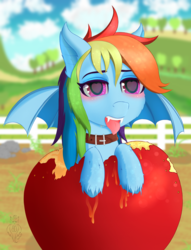 Size: 4156x5442 | Tagged: safe, artist:batsdisaster, rainbow dash, bat pony, pegasus, pony, g4, apple, bat ponified, bat wings, blushing, collar, fangs, female, food, heart eyes, mare, race swap, solo, tongue out, wingding eyes, wings