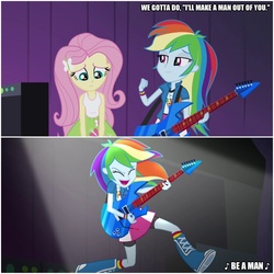 Size: 1000x1000 | Tagged: safe, edit, edited screencap, screencap, fluttershy, rainbow dash, equestria girls, g4, my little pony equestria girls: rainbow rocks, awesome as i want to be, caption, i'll make a man out of you, image macro, mulan, music, song, song reference, text