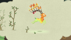 Size: 1920x1080 | Tagged: safe, screencap, the great seedling, deer, dryad, elk, pony, g4, going to seed, branches for antlers, eyes closed, female, prancing, spirit