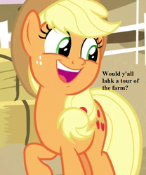 Size: 640x768 | Tagged: safe, edit, edited screencap, editor:korora, screencap, applejack, earth pony, pony, g4, going to seed, accent, applejack is best facemaker, applejack's hat, bronybait, cowboy hat, cropped, cute, dialogue, female, hat, hay, hay bales, jackabetes, mare, raised hoof, sweet apple acres, y'all