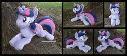 Size: 3975x1754 | Tagged: safe, artist:peruserofpieces, twilight sparkle, alicorn, pony, g4, beanie (plushie), commission, female, folded wings, front view, happy, horn, irl, lying down, mare, photo, plushie, profile, prone, rear view, smiling, solo, sploot, toy, twilight sparkle (alicorn), wings