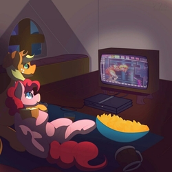Size: 960x960 | Tagged: safe, applejack, pinkie pie, pony, g4, cute, female, lesbian, metroid, mlp:castle of darkness, night, playstation 2, promotional art, ship:applepie, shipping