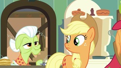 Size: 1920x1080 | Tagged: safe, screencap, applejack, granny smith, earth pony, pony, g4, going to seed, food, pancakes