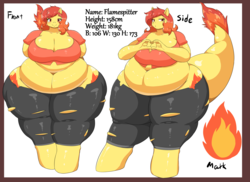 Size: 4489x3266 | Tagged: safe, artist:braffy, oc, oc:flamespitter, dracony, hybrid, anthro, anthro oc, bbw, belly, belly button, big belly, big breasts, breasts, clothes, fat, female, huge breasts, impossibly wide hips, looking at you, mare, obese, reference sheet, ssbbw, standing, wide hips