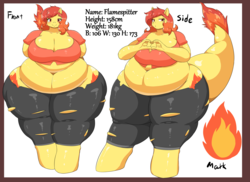 Size: 4489x3266 | Tagged: safe, artist:braffy, oc, oc:flamespitter, dracony, hybrid, anthro, anthro oc, bbw, belly, belly button, big belly, big breasts, breasts, clothes, fat, female, huge breasts, impossibly wide hips, looking at you, mare, obese, pants, reference sheet, ssbbw, standing, wide hips