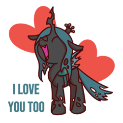 Size: 1000x1000 | Tagged: safe, artist:sugar morning, derpibooru exclusive, queen chrysalis, changeling, changeling queen, g4, chrysalis day, cute, cutealis, eyes closed, female, happy, heart, hnnng, i love you, jumping, open mouth, out of character, simple background, speech, text, transparent background