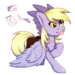 Size: 1500x1500 | Tagged: safe, artist:sinrinf, derpy hooves, pegasus, pony, g4, :p, cheek fluff, chest fluff, cute, derpabetes, envelope, female, pixel art, simple background, solo, spread wings, tongue out, transparent background, wings