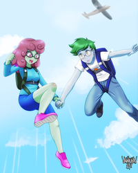 Size: 3600x4500 | Tagged: safe, artist:danmakuman, oc, oc only, oc:software patch, oc:windcatcher, human, equestria girls, g4, absurd resolution, clothes, commission, equestria girls-ified, falling, goggles, harness, open mouth, pants, parachute, plane, shirt, shoes, shorts, skydiving, tack, windpatch