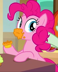 Size: 583x720 | Tagged: safe, screencap, crackle cosette, pinkie pie, queen chrysalis, g4, the mean 6, cropped, cupcake, cute, diapinkes, disguise, disguised changeling, eating, food, messy eating, solo focus