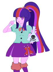 Size: 1489x2015 | Tagged: safe, artist:cold-mittens, twilight sparkle, equestria girls, g4, alternate hairstyle, bowtie, clothes, female, flask, leg warmers, pleated skirt, ponytail, skirt, skull and crossbones, solo, twilight sparkle (alicorn)