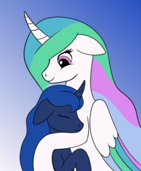 Size: 829x1000 | Tagged: safe, artist:redquoz, princess celestia, princess luna, alicorn, pony, g4, colored wings, comforting, curved horn, eyes closed, floppy ears, horn, hug, royal sisters, small, smiling, wings