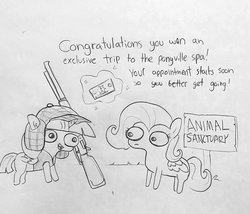Size: 1358x1164 | Tagged: safe, artist:tjpones, fluttershy, twilight sparkle, alicorn, pegasus, pony, sparkles! the wonder horse!, g4, blatant lies, clothes, dialogue, duo, female, grayscale, gun, hat, hunter, hunting, hunting rifle, magic, mare, monochrome, rifle, seems legit, simple background, telekinesis, this will end in death, this will end in tears, this will end in tears and/or death, this will not end well, traditional art, twilight sparkle (alicorn), weapon