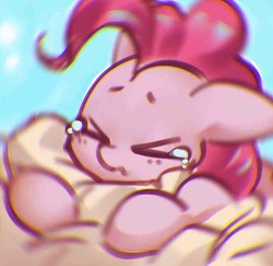 Size: 900x874 | Tagged: safe, artist:mirroredsea, pinkie pie, earth pony, pony, ><, blue background, bust, chromatic aberration, crying, cute, diapinkes, eyes closed, female, floppy ears, mare, motion blur, portrait, simple background, solo