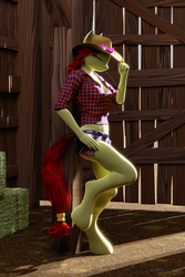 Size: 1620x2430 | Tagged: safe, artist:stellarator, apple bloom, earth pony, anthro, unguligrade anthro, g4, 3d, barn, blender, blender cycles, bow, breasts, busty apple bloom, clothes, cowgirl outfit, crepuscular rays, daisy dukes, dramatic pose, female, hat, hay, hay bale, mare, midriff, not sfm, older, older apple bloom, shorts, slow motion, smiling, solo