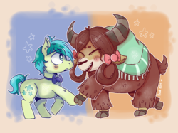 Size: 2732x2048 | Tagged: safe, artist:peanutcat62, sandbar, yona, yak, g4, she's all yak, blushing, bow, bowtie, cloven hooves, cute, dancing, eyes closed, female, hair bow, high res, holding hooves, male, monkey swings, sandabetes, ship:yonabar, shipping, signature, starry eyes, straight, wingding eyes, yonadorable