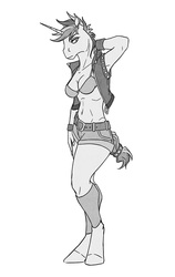 Size: 632x1000 | Tagged: safe, artist:akweer, rarity, unicorn, anthro, unguligrade anthro, g4, alternate hairstyle, armpits, belly button, belt, bikini, bikini top, breasts, busty rarity, cleavage, clothes, female, leather vest, mare, midriff, monochrome, punk, raripunk, shorts, simple background, sketch, solo, swimsuit, vest, white background