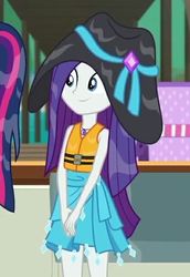 Size: 421x611 | Tagged: safe, screencap, rarity, sci-twi, twilight sparkle, equestria girls, equestria girls series, g4, the salty sails, clothes, cropped, cute, female, hat, lifejacket, raribetes, rarity's blue sarong, sarong, skirt, solo focus, sun hat, wet