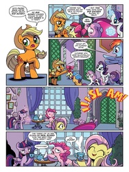 Size: 690x920 | Tagged: safe, artist:brenda hickey, idw, official comic, apple bloom, applejack, fluttershy, pinkie pie, rainbow dash, rarity, scootaloo, sweetie belle, twilight sparkle, alicorn, earth pony, pegasus, pony, unicorn, g4, spoiler:comic, spoiler:comicspiritoftheforest02, comic, cute, cutie mark crusaders, female, filly, foal, magic, mane six, mare, one of these things is not like the others, preview, shyabetes, speech bubble, telekinesis, twilight sparkle (alicorn)