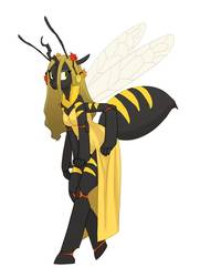 Size: 761x1050 | Tagged: safe, artist:carnifex, oc, oc only, oc:deciduous, bee, beeling, changeling queen, anthro, unguligrade anthro, anthro oc, changeling queen oc, clothes, dress, multiple arms, simple background, slit pupils, solo, species swap, white background, yellow changeling