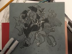 Size: 4032x3024 | Tagged: safe, artist:vistamage, gallus, silverstream, smolder, classical hippogriff, dragon, griffon, hippogriff, g4, claws, dragoness, female, graduation cap, grayscale, hat, jumping, male, marker drawing, markers, monochrome, paws, scroll, traditional art, trio, wings
