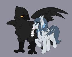Size: 3000x2398 | Tagged: dead source, safe, artist:arctic-fox, oc, oc only, oc:amber shadow, oc:angel heart, bat pony, griffon, pony, bat pony oc, bow, choker, drawing, duo, eye contact, fangs, female, griffon oc, high res, looking at each other, male, mare, mouth hold, raised hoof, simple background, spread wings, wings