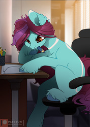 Size: 849x1200 | Tagged: safe, artist:arctic-fox, oc, oc only, oc:aveline, earth pony, pony, blank flank, chair, desk, ear fluff, female, frustrated, mare, markings, messy mane, mouth hold, pencil, pencil in mouth, sitting, solo, unshorn fetlocks