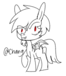 Size: 466x534 | Tagged: safe, artist:chang, oc, oc only, oc:quick draw, pony, bat wings, black and white, chibi, facial hair, fangs, goatee, grayscale, lineart, long ears, male, monochrome, red eyes, simple background, solo, white background, wings