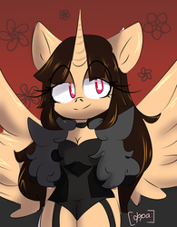 Size: 748x960 | Tagged: safe, artist:makashi cortes, oc, oc only, oc:spring beauty, alicorn, anthro, alicorn oc, breasts, choker, clothes, feather boa, female, garter belt, leotard, lingerie, smiling, solo