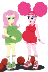 Size: 725x1101 | Tagged: safe, artist:metaldudepl666, fluttershy, pinkie pie, buckball season, equestria girls, g4, belly, big belly, big breasts, breasts, buckball, buckball uniform, busty fluttershy, busty pinkie pie, clothes, duo, duo female, female, hand on belly, looking at you, outie belly button, pinktails pie, preggoshy, preggy pie, pregnant, pregnant equestria girls, shoes, shorts, simple background, smiling, sneakers, transparent background