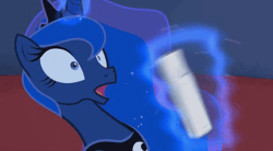 Size: 564x312 | Tagged: safe, artist:2snacks, princess luna, pony, two best sisters play, g4, animated, controller, crown, fake luna, female, gif, glowing horn, horn, jewelry, magic, male to female, mare, muna, panic, possessed, regalia, rule 34, solo, talking, wii, youtube link