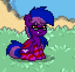 Size: 257x247 | Tagged: safe, artist:sevenxninja, derpibooru exclusive, oc, oc only, oc:lavender twirl, bat pony, pony, pony town, bat pony oc, clothes, dirt, glasses, grass, socks, solo, striped socks, water