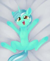 Size: 1473x1797 | Tagged: safe, artist:dusthiel, lyra heartstrings, pony, unicorn, g4, blushing, cute, dock, female, happy, looking at you, lyrabetes, on back, open mouth, solo