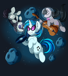 Size: 3320x3683 | Tagged: safe, alternate version, artist:pridark, dj pon-3, neon lights, octavia melody, rising star, vinyl scratch, earth pony, pony, unicorn, g4, asteroid, bow (instrument), bowtie, cello, chest fluff, clothes, eyes closed, female, high res, male, mare, musical instrument, record, smiling, space, space helmet, stallion, sunglasses
