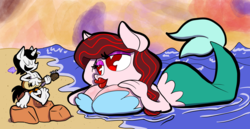 Size: 2400x1241 | Tagged: safe, artist:joeywaggoner, oc, oc only, oc:hot rod, oc:tilly, mermaid, anthro, plantigrade anthro, barefoot, beach, big breasts, big lips, breasts, clothes, commission, feet, female, giant mermaid/seapony, giantess, guitar, heart eyes, huge breasts, macro, male, mermaidized, oc x oc, partial nudity, prone, rule 85, shipping, singing, species swap, straight, topless, wingding eyes