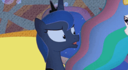 Size: 564x312 | Tagged: safe, artist:ndanimations, edit, princess celestia, princess luna, pony, two best sisters play, g4, animated, discussion, dovahkiin, female, gif, glowing horn, horn, magic