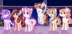 Size: 1280x604 | Tagged: safe, artist:moon-rose-rosie, oc, oc only, oc:celestial moon, oc:chocolate sprinkles, oc:crystal, oc:daniel, oc:magnolia, oc:shining ray, dracony, hybrid, pegasus, pony, unicorn, base used, female, interspecies offspring, magical lesbian spawn, male, mare, movie accurate, offspring, parent:applejack, parent:bulk biceps, parent:caramel, parent:cheese sandwich, parent:fluttershy, parent:pinkie pie, parent:rainbow dash, parent:rarity, parent:soarin', parent:spike, parent:spitfire, parent:twilight sparkle, parents:carajack, parents:cheesepie, parents:flutterbulk, parents:soarinfire, parents:sparity, parents:twidash, stallion