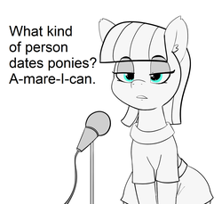 Size: 1500x1376 | Tagged: safe, artist:pabbley, edit, maud pie, earth pony, pony, g4, female, mare, maud the comedian, microphone, monochrome, open mouth, partial color, solo, stand-up comedy, text
