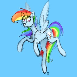 Size: 1280x1280 | Tagged: safe, artist:thegirlwithgoldenhairdrawstoo, rainbow dash, pegasus, pony, blue background, eye clipping through hair, female, flying, mare, simple background, smiling, solo, spread wings, wings
