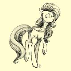 Size: 1280x1280 | Tagged: safe, artist:thegirlwithgoldenhairdrawstoo, fluttershy, pegasus, pony, g4, female, floppy ears, frown, looking back, mare, monochrome, simple background, sketch, solo, turned head